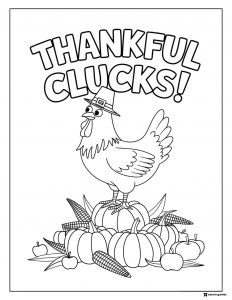 Thankful Clucks Chicken Coloring Page with Pumpkins