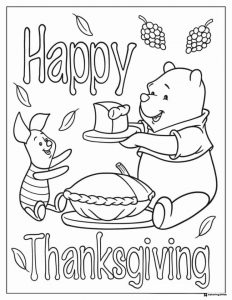 Thanksgiving Coloring Page with Pie and Cartoon Characters