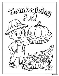 Thanksgiving Fun Coloring Page with Boy Pie and Cornucopia