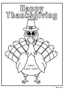 Thanksgiving Turkey Coloring Page with Pilgrim Hat and Message
