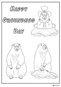 Three Groundhogs Coloring Page with Happy Groundhog Day Text