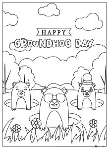 Three Groundhogs Coloring Sheet with Hat and Sunglasses
