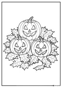 Three Jack o Lanterns Coloring Page with Fall Leaves