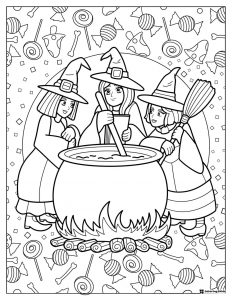 Three Witches Coloring Page with Cauldron and Candy Background