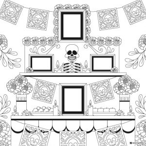 Tiered Altar Coloring Page with Frames Flowers and Banners