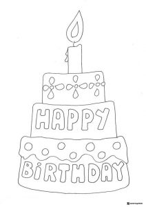 Tiered Birthday Cake Coloring Page with Candle on Top