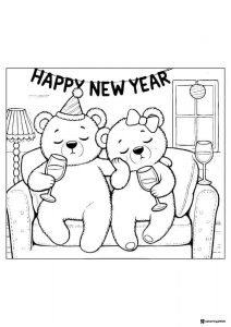 Tired Bear Couple Coloring Page with Party Hats and Drinks