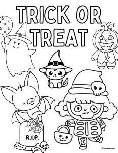 Trick or Treat Characters Coloring Page with Ghost Cat and Bat
