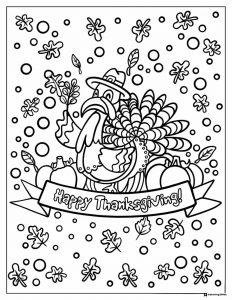 Turkey Coloring Page with Banner and Falling Leaves