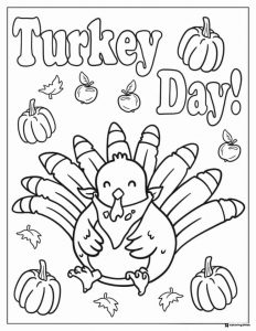 Turkey Day Coloring Page with Pumpkins and Falling Leaves