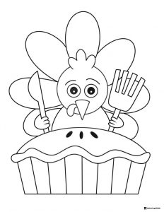 Turkey and Pie Coloring Page with Utensils Raised