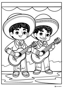 Twin Mariachi Boys Coloring Page with Sombreros and Guitars