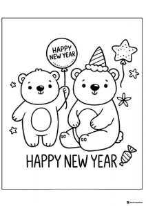 Two Bears Coloring Sheet with Balloon Candy and Star Decor