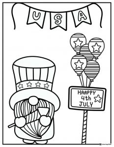 USA Gnome Coloring Page with Hat Balloons and Festive Sign