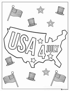 USA Map Coloring Page with Flags Stars and Top Hats