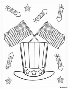 Uncle Sam Hat Coloring Page with Flags and Firework Rockets