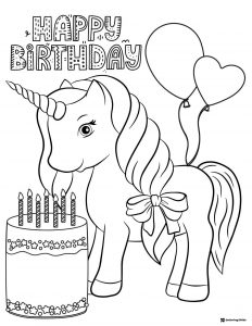Unicorn Birthday Coloring Sheet with Cake and Balloons
