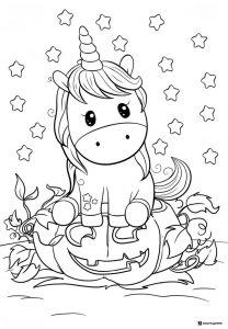 Unicorn on Jack o Lantern Coloring Page with Starry Sky