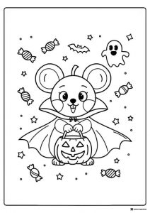 Vampire Mouse Coloring Page with Pumpkin Pail and Ghost Decor