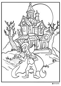 Vampire in Front of Haunted House Coloring Sheet