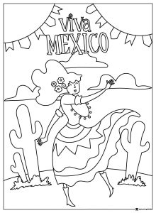Viva Mexico Coloring Page with Dancing Girl and Cactus Scene