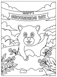 Waving Groundhog Coloring Sheet with Flowers and Banner