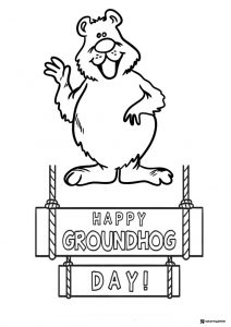 Waving Groundhog Coloring Sheet with Hanging Banner Sign