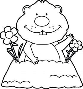 Waving Groundhog with Flowers Coloring Page