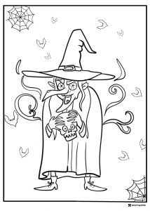 Wicked Witch Coloring Page Holding Skull with Webs and Bats