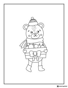Winter Bear Coloring Page with Box of Ornaments and Bow