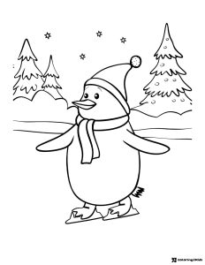 Winter Penguin Coloring Page with Scarf and Ice Skates