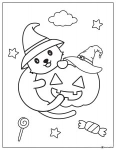Witch Cat Coloring Page Hugging a Smiling Pumpkin