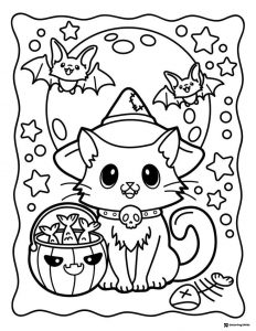Witch Cat Coloring Page with Candy Bucket and Flying Bats