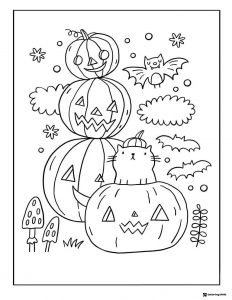 Witch Cat and Jack o Lantern Coloring Page with Stars and Candy