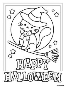Witch Cat on Broom Coloring Page with Happy Halloween Text