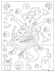 Witch Character Coloring Page with Pumpkin and Cookies