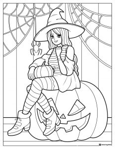 Witch Girl Coloring Page with Jack o Lantern and Spider Web