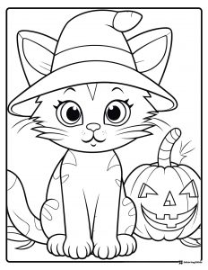 Witch Hat Cat Coloring Page with Jack o Lantern
