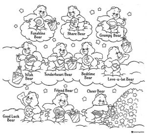 All Care Bears Coloring Sheet on clouds with stars