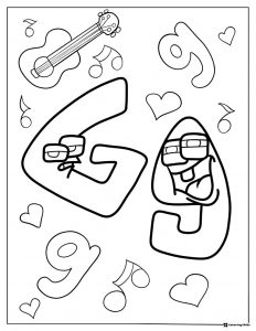 Alphabet Lore G with Guitar and Music Notes Coloring Sheet