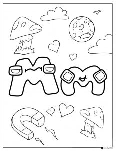Alphabet Lore M Coloring Sheet with mushrooms and clouds