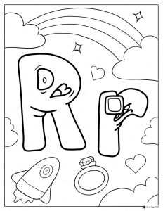 Alphabet Lore R with Rainbow and Rocket Coloring Page