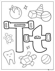 Alphabet Lore T with Toys and Turtles Coloring Sheet