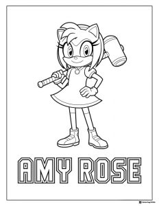 Amy Rose Coloring Sheet Holding Hammer with Her Name Below