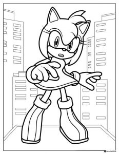 Amy Rose in the City Coloring Page with Tall Buildings
