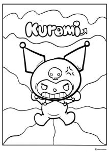 Angry Kuromi coloring page with wavy background