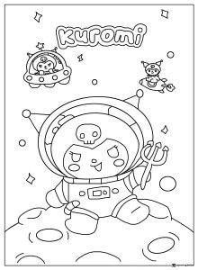 Astronaut Kuromi on moon with UFOs coloring page