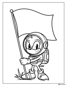 Astronaut Sonic Coloring Page with Flag and Spacesuit Gear
