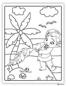 Baby Moana with Palm Leaf Coloring Page