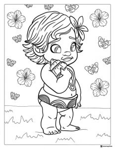 Baby Moana with Shell and Flowers Coloring Page